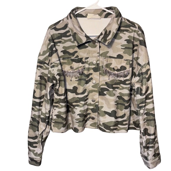 Savannah Jane Jackets & Blazers - Savannah Jane Women's Medium Camo Corduroy Jacket Green Rhinestone Fringe